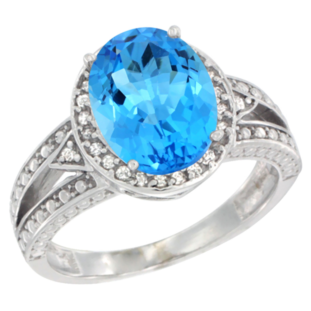 14K White Gold Natural Swiss Blue Topaz Ring Oval 9x7 mm Diamond Halo, sizes 5 - 10