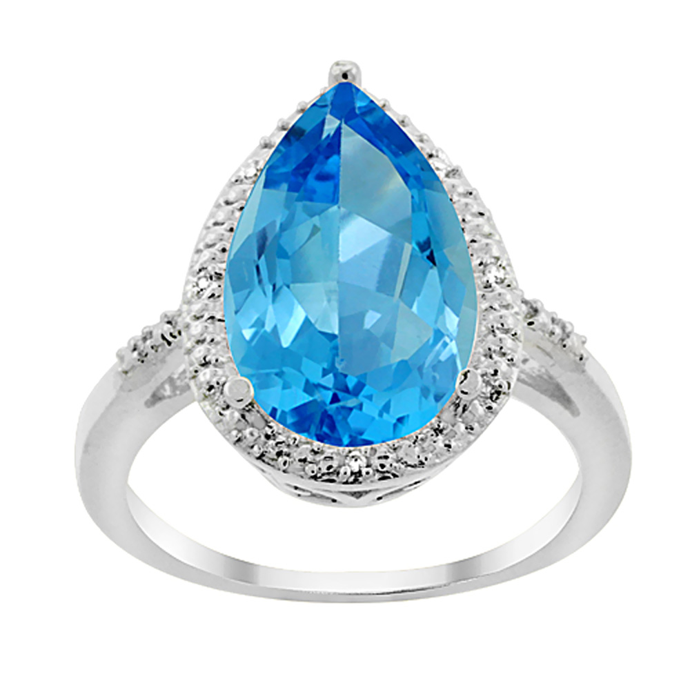 14K White Gold Natural Swiss Blue Topaz Ring Pear Shape 10x15 mm Diamond Accent, sizes 5 - 10