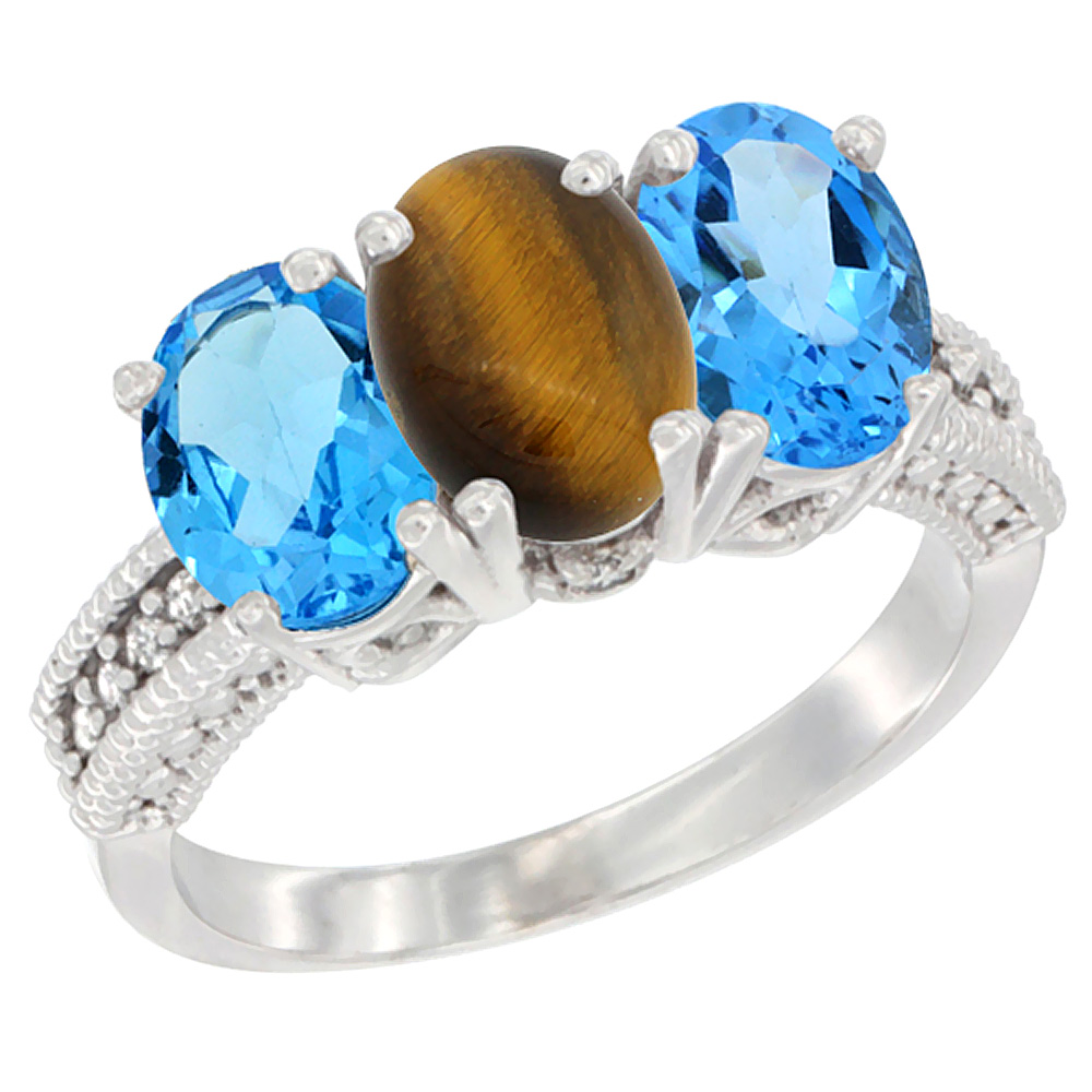 14K White Gold Natural Tiger Eye & Swiss Blue Topaz Sides Ring 3-Stone 7x5 mm Oval Diamond Accent, sizes 5 - 10