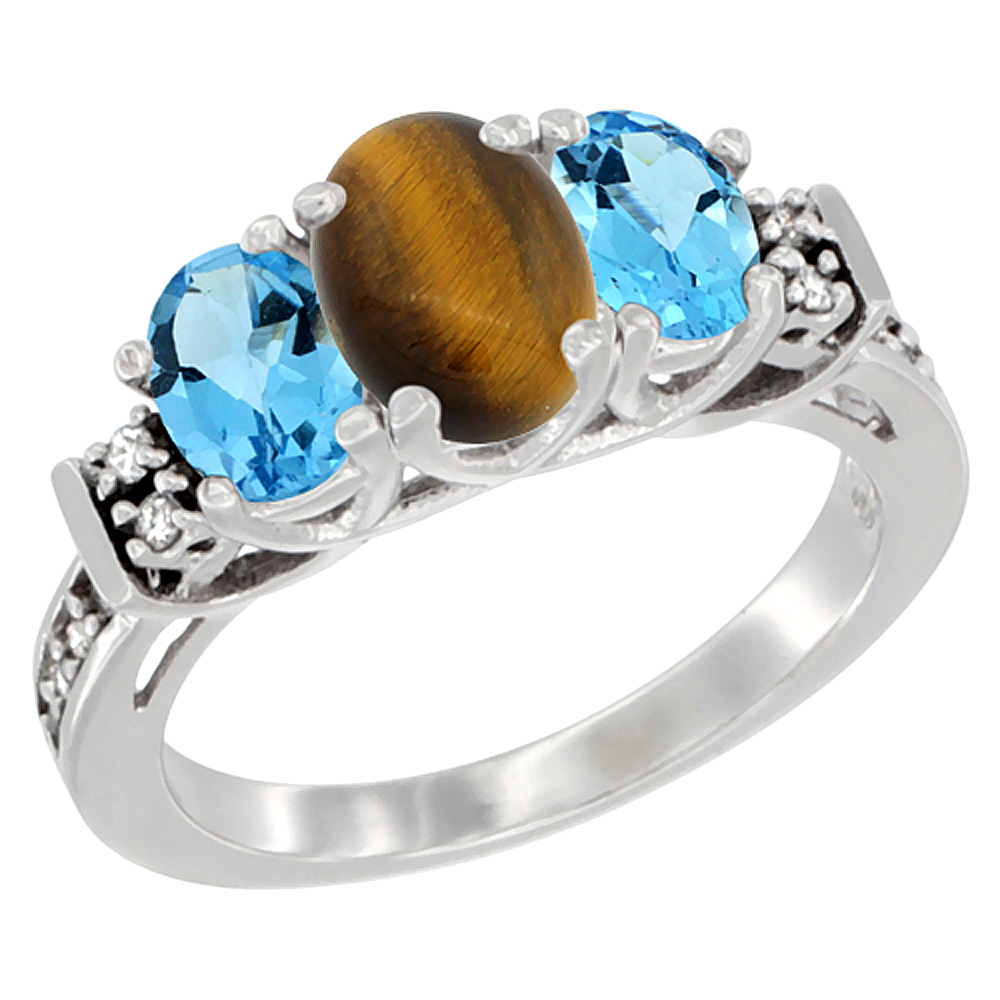 10K White Gold Natural Tiger Eye &amp; Swiss Blue Topaz Ring 3-Stone Oval Diamond Accent, sizes 5-10