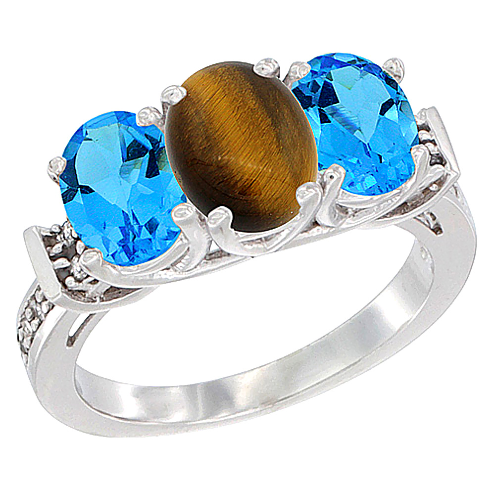 10K White Gold Natural Tiger Eye &amp; Swiss Blue Topaz Sides Ring 3-Stone Oval Diamond Accent, sizes 5 - 10