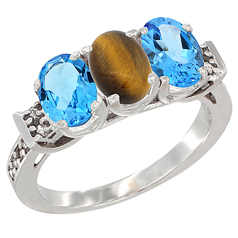 14K White Gold Natural Tiger Eye & Swiss Blue Topaz Sides Ring 3-Stone 7x5 mm Oval Diamond Accent, sizes 5 - 10