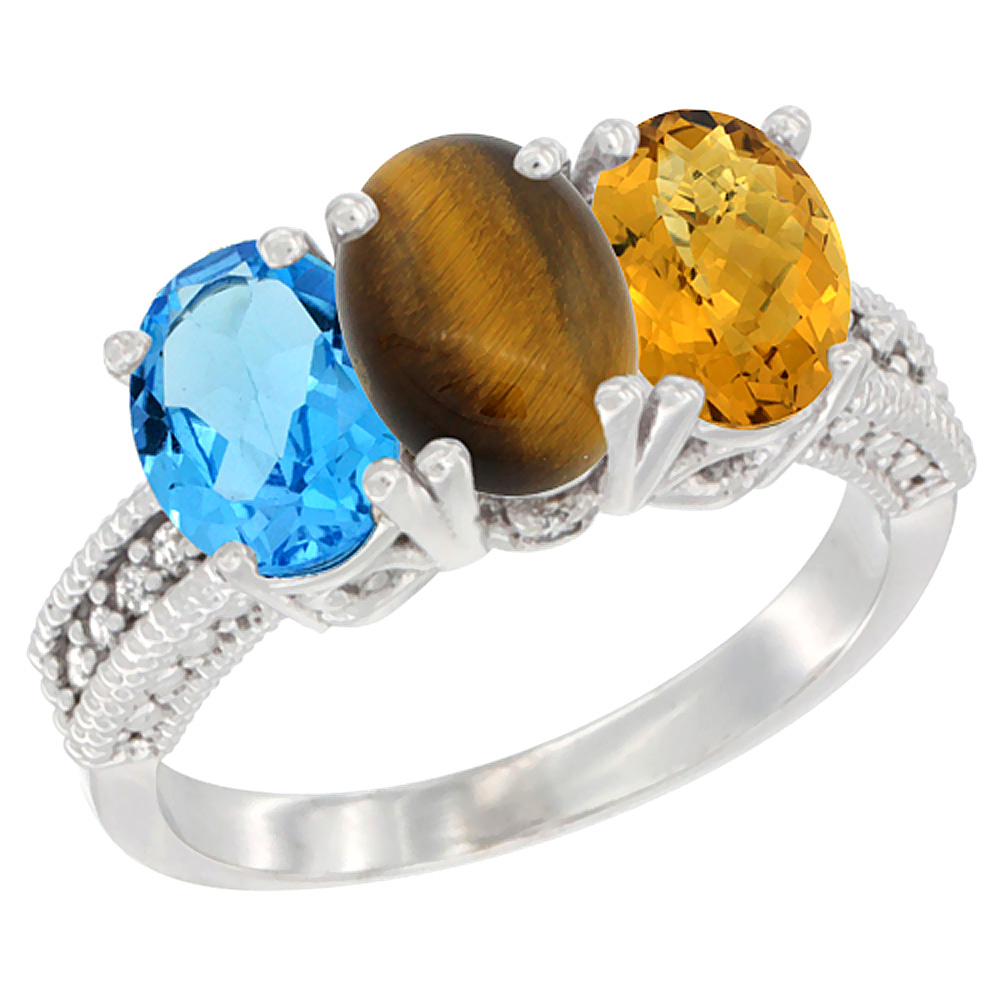 10K White Gold Natural Swiss Blue Topaz, Tiger Eye & Whisky Quartz Ring 3-Stone Oval 7x5 mm Diamond Accent, sizes 5 - 10