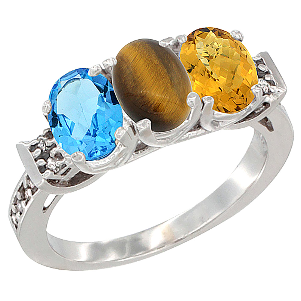 10K White Gold Natural Swiss Blue Topaz, Tiger Eye &amp; Whisky Quartz Ring 3-Stone Oval 7x5 mm Diamond Accent, sizes 5 - 10