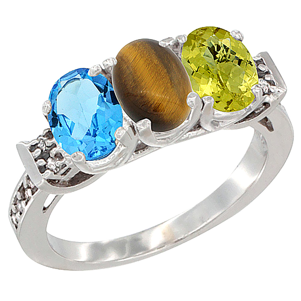 10K White Gold Natural Swiss Blue Topaz, Tiger Eye & Lemon Quartz Ring 3-Stone Oval 7x5 mm Diamond Accent, sizes 5 - 10