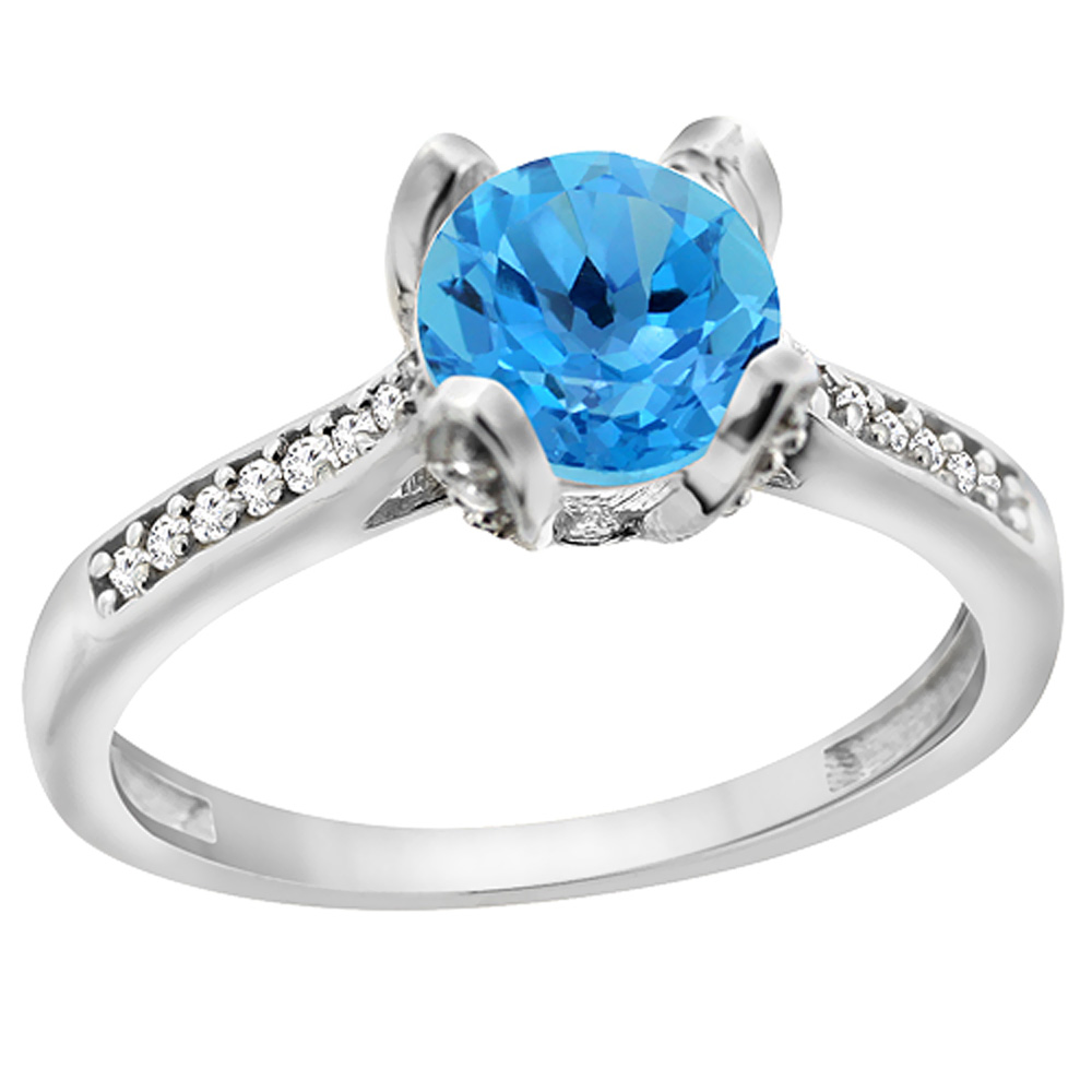 10K White Gold Diamond Genuine Blue Topaz Engagement Ring Round 7mm sizes 5to10 w/ half sizes