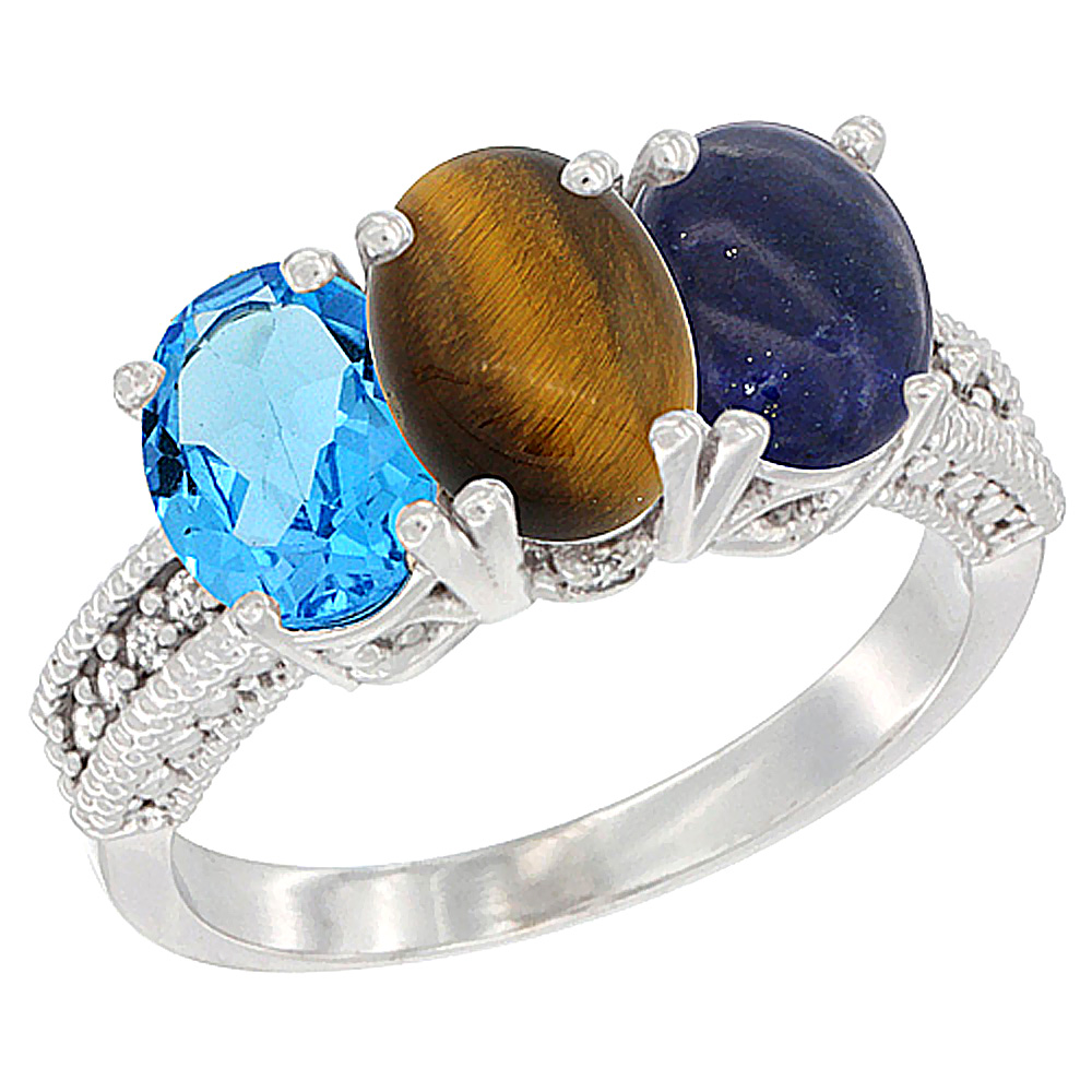 10K White Gold Natural Swiss Blue Topaz, Tiger Eye &amp; Lapis Ring 3-Stone Oval 7x5 mm Diamond Accent, sizes 5 - 10