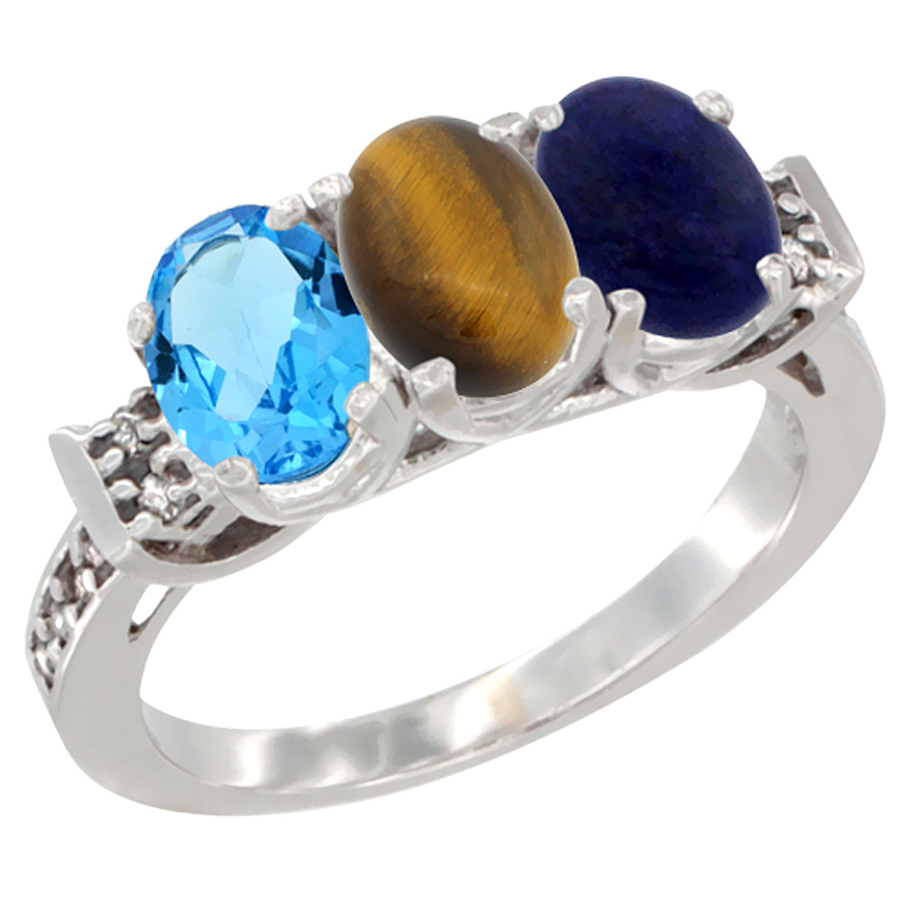 10K White Gold Natural Swiss Blue Topaz, Tiger Eye &amp; Lapis Ring 3-Stone Oval 7x5 mm Diamond Accent, sizes 5 - 10