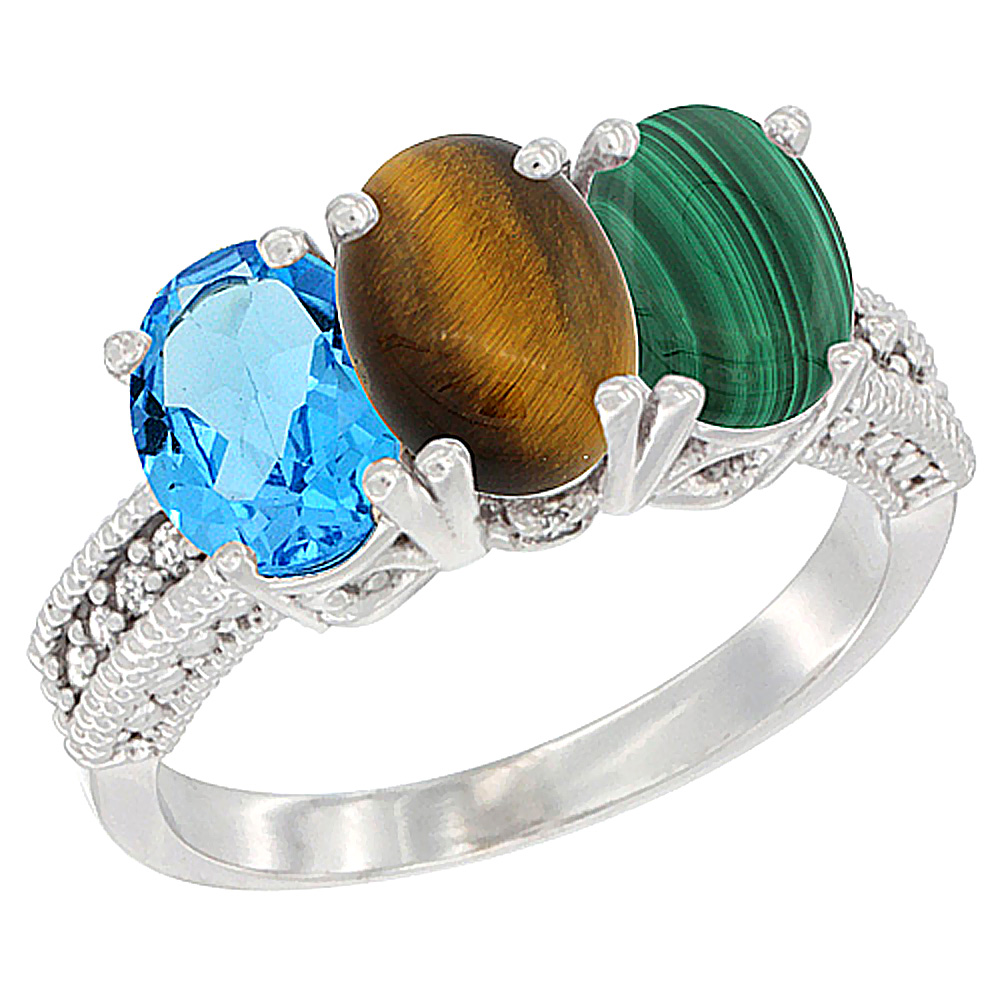 10K White Gold Natural Swiss Blue Topaz, Tiger Eye &amp; Malachite Ring 3-Stone Oval 7x5 mm Diamond Accent, sizes 5 - 10