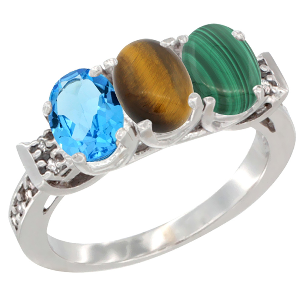 10K White Gold Natural Swiss Blue Topaz, Tiger Eye & Malachite Ring 3-Stone Oval 7x5 mm Diamond Accent, sizes 5 - 10