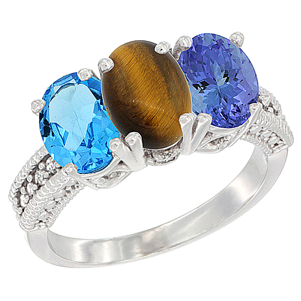 10K White Gold Natural Swiss Blue Topaz, Tiger Eye & Tanzanite Ring 3-Stone Oval 7x5 mm Diamond Accent, sizes 5 - 10