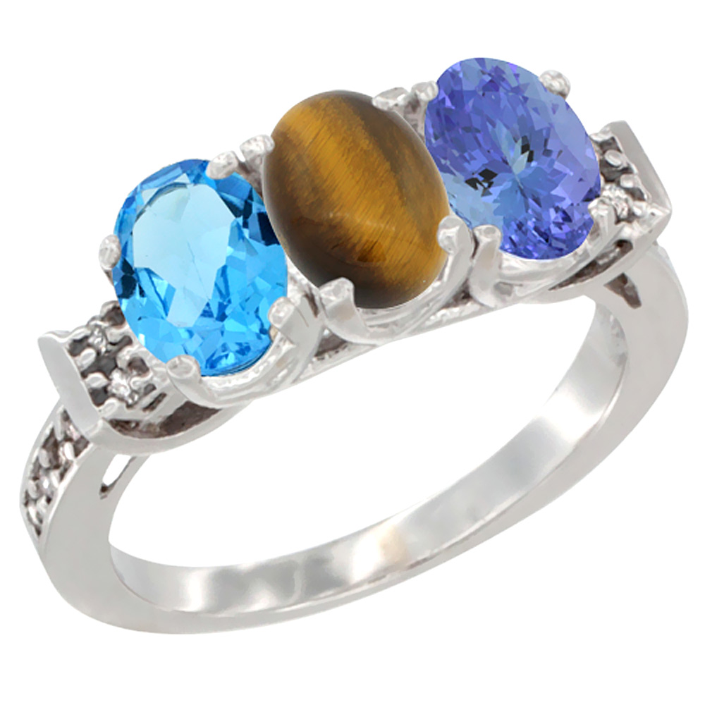 10K White Gold Natural Swiss Blue Topaz, Tiger Eye & Tanzanite Ring 3-Stone Oval 7x5 mm Diamond Accent, sizes 5 - 10