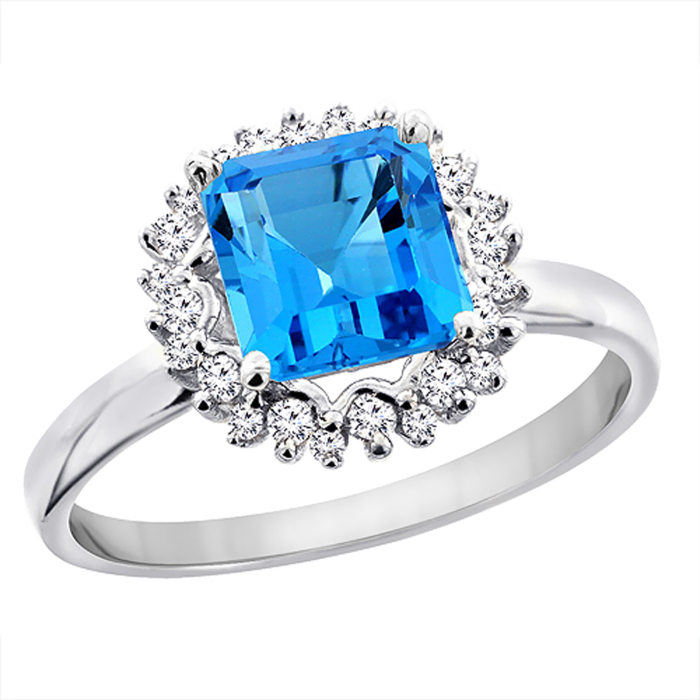 14K White Gold Natural Swiss Blue Topaz Ring Square 6x6 mm Diamond Accents, sizes 5 - 10