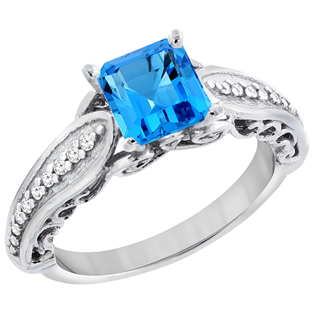 10K White Gold Genuine Blue Topaz Ring Square 8x8mm Diamond Accent sizes 5 - 10