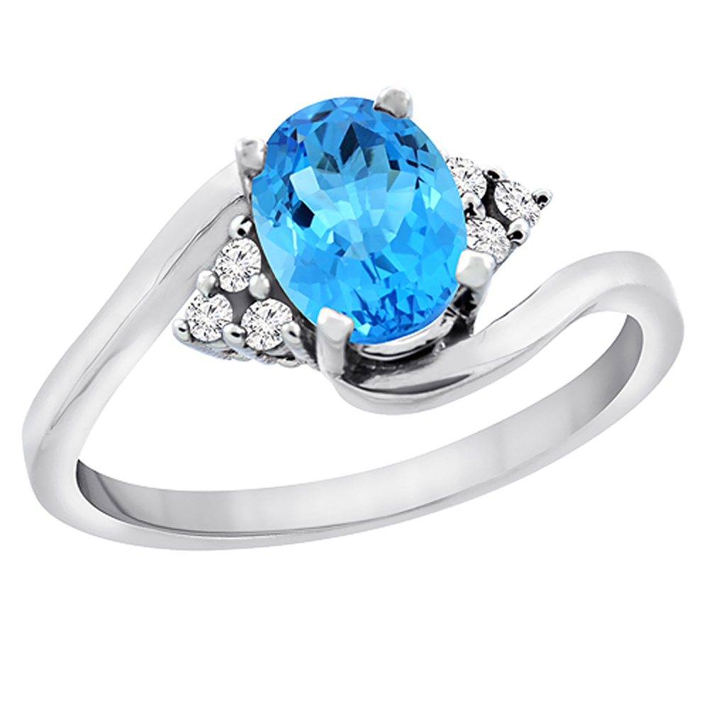 14K White Gold Diamond Natural Swiss Blue Topaz Engagement Ring Oval 7x5mm, sizes 5 - 10