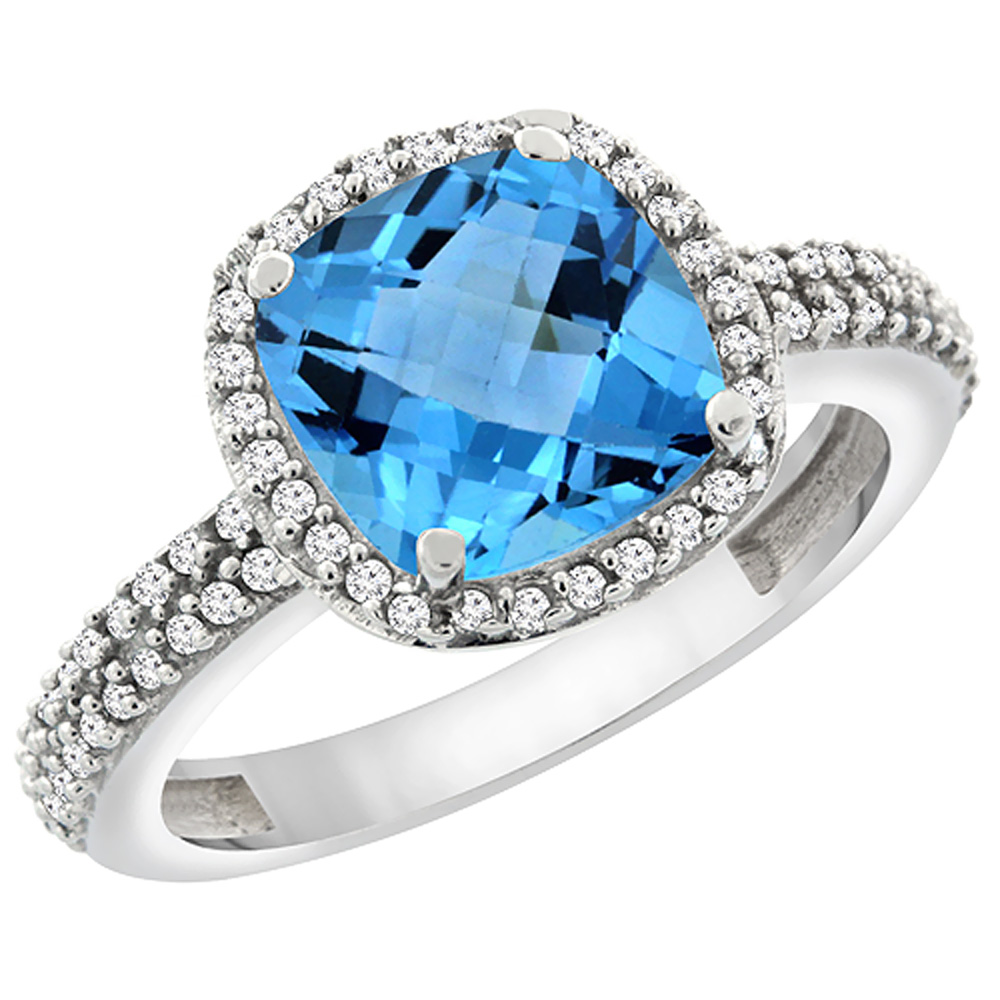 10K White Gold Genuine Blue Topaz Ring Halo Cushion Cut 8x8 mm Diamond Accent sizes 5 - 10