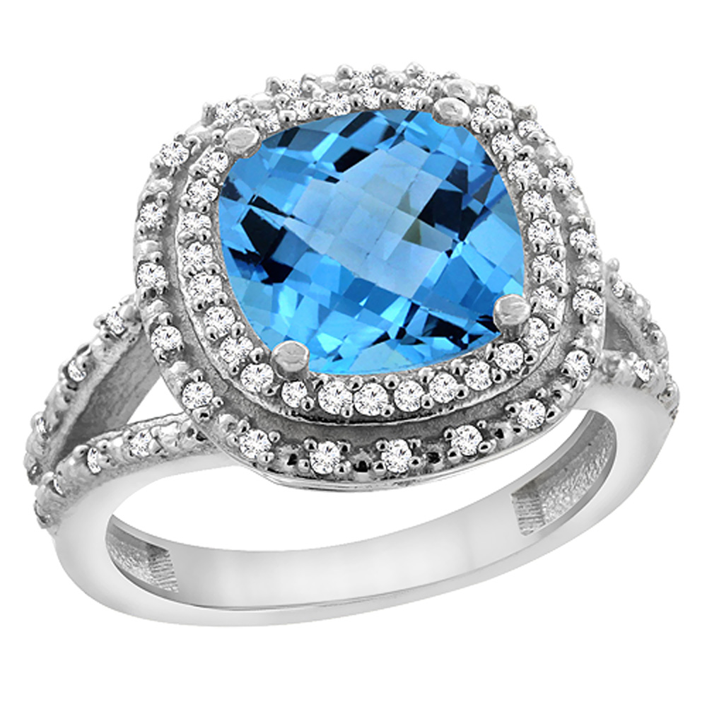 10K White Gold Genuine Blue Topaz Ring Double Halo Cushion Cut 8x8 mm Diamond Accent sizes 5 - 10