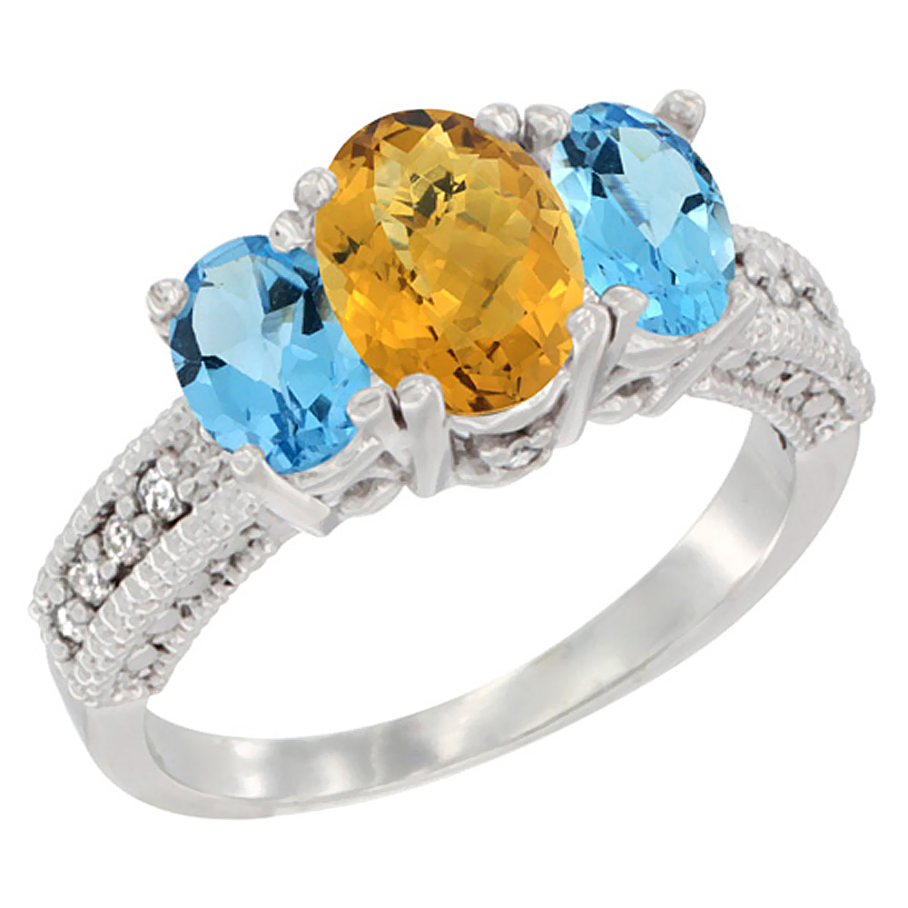 10K White Gold Diamond Natural Whisky Quartz Ring Oval 3-stone with Swiss Blue Topaz, sizes 5 - 10