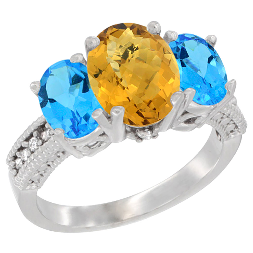 10K White Gold Diamond Natural Whisky Quartz Ring 3-Stone Oval 8x6mm with Swiss Blue Topaz, sizes5-10