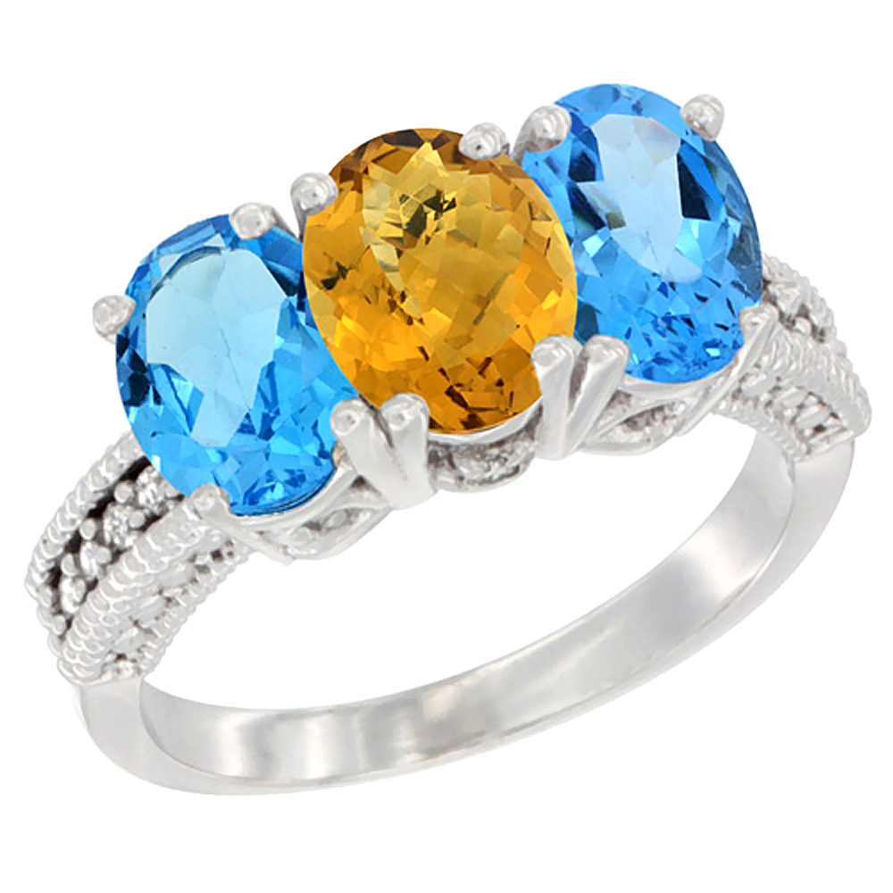 14K White Gold Natural Whisky Quartz & Swiss Blue Topaz Sides Ring 3-Stone 7x5 mm Oval Diamond Accent, sizes 5 - 10