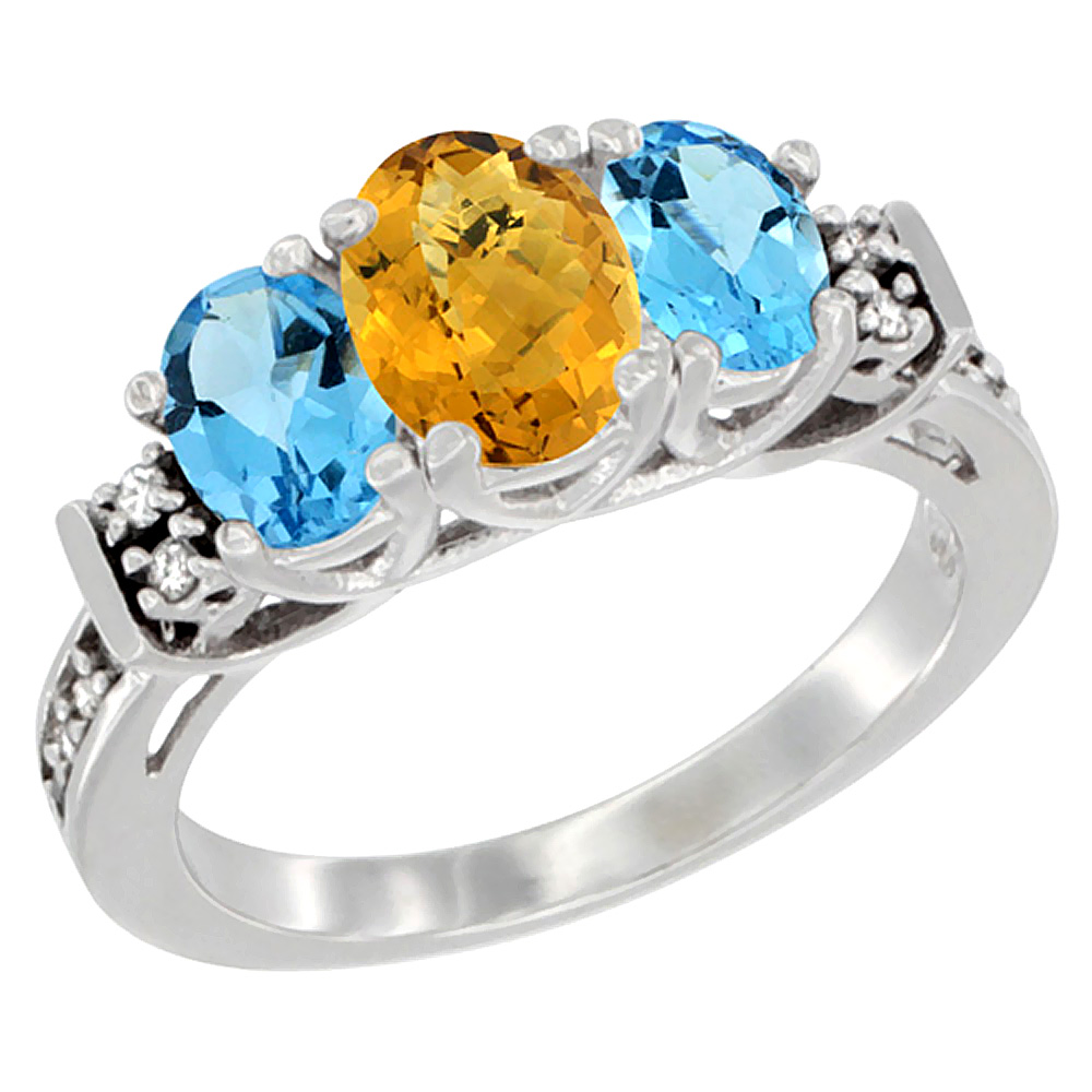 10K White Gold Natural Whisky Quartz & Swiss Blue Topaz Ring 3-Stone Oval Diamond Accent, sizes 5-10