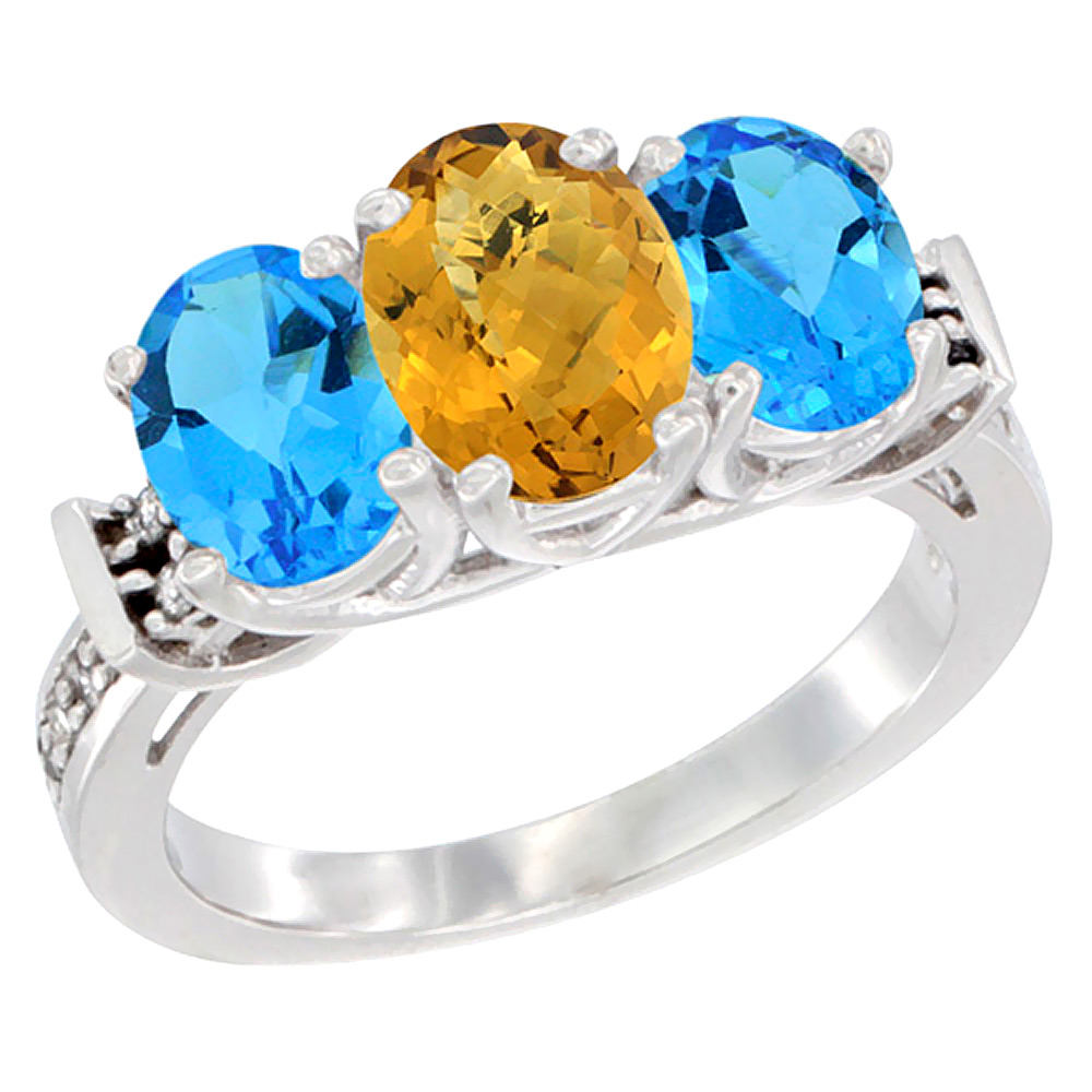 14K White Gold Natural Whisky Quartz &amp; Swiss Blue Topaz Sides Ring 3-Stone Oval Diamond Accent, sizes 5 - 10