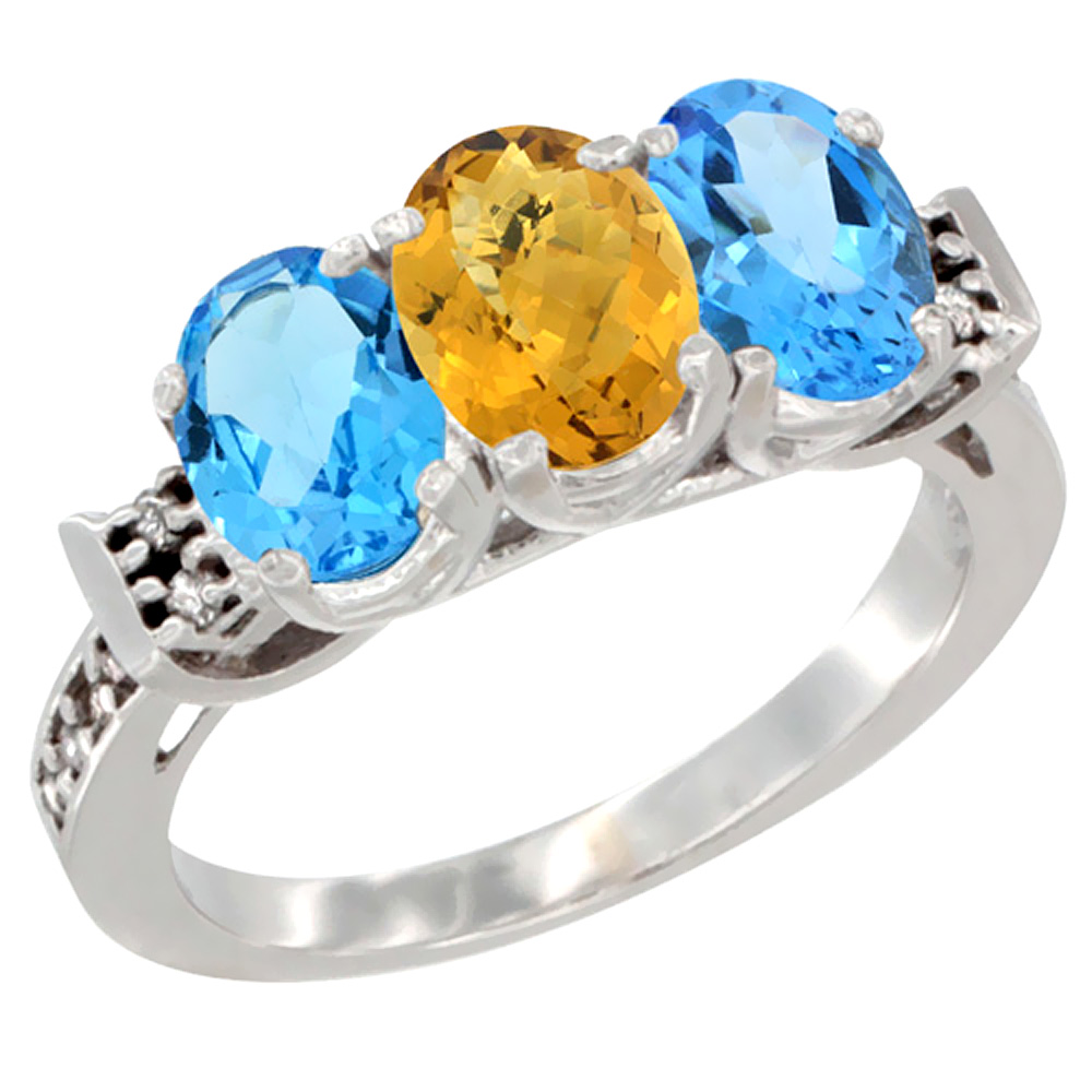 14K White Gold Natural Whisky Quartz & Swiss Blue Topaz Sides Ring 3-Stone 7x5 mm Oval Diamond Accent, sizes 5 - 10