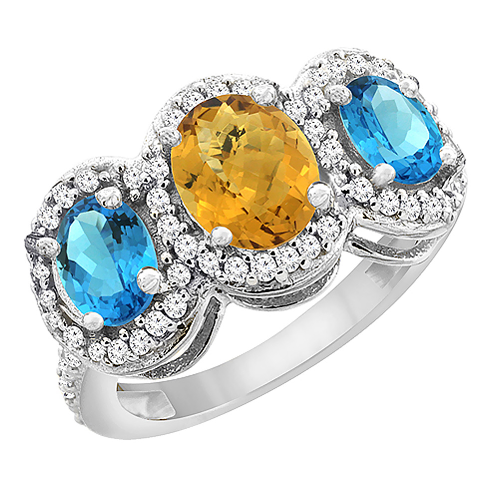 10K White Gold Natural Whisky Quartz & Swiss Blue Topaz 3-Stone Ring Oval Diamond Accent, sizes 5 - 10