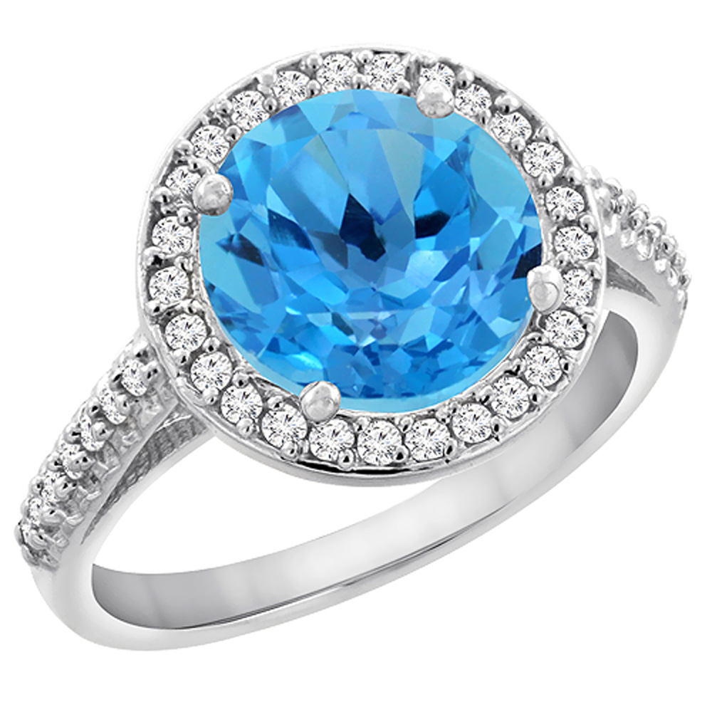 14K White Gold Natural Swiss Blue Topaz Ring Round 8mm Diamond Halo, sizes 5 to 10