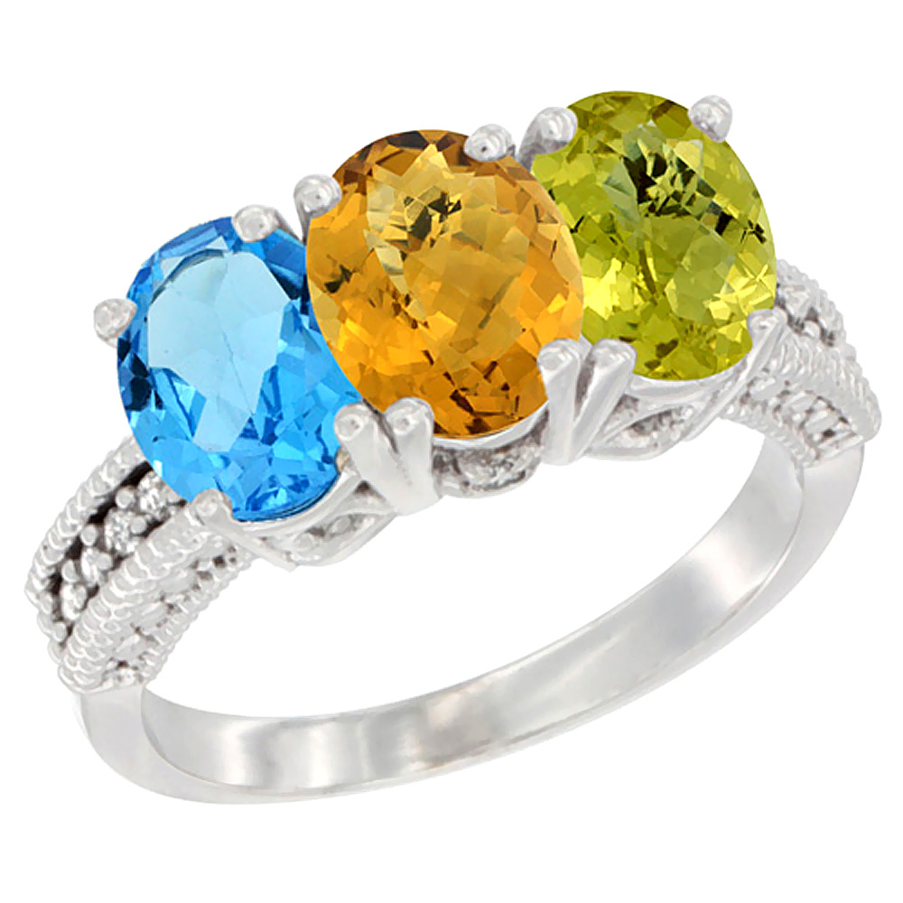 10K White Gold Natural Swiss Blue Topaz, Whisky Quartz & Lemon Quartz Ring 3-Stone Oval 7x5 mm Diamond Accent, sizes 5 - 10