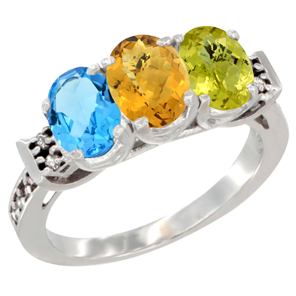 10K White Gold Natural Swiss Blue Topaz, Whisky Quartz & Lemon Quartz Ring 3-Stone Oval 7x5 mm Diamond Accent, sizes 5 - 10