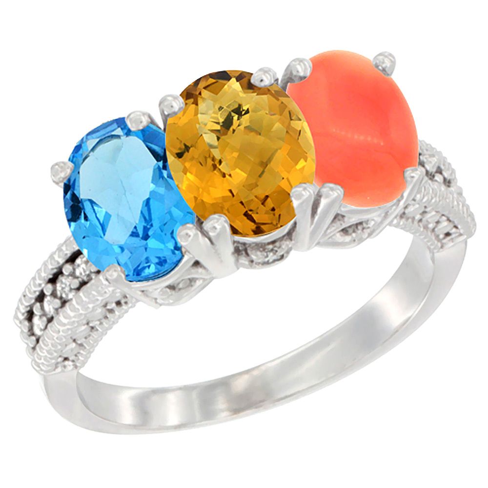 10K White Gold Natural Swiss Blue Topaz, Whisky Quartz & Coral Ring 3-Stone Oval 7x5 mm Diamond Accent, sizes 5 - 10