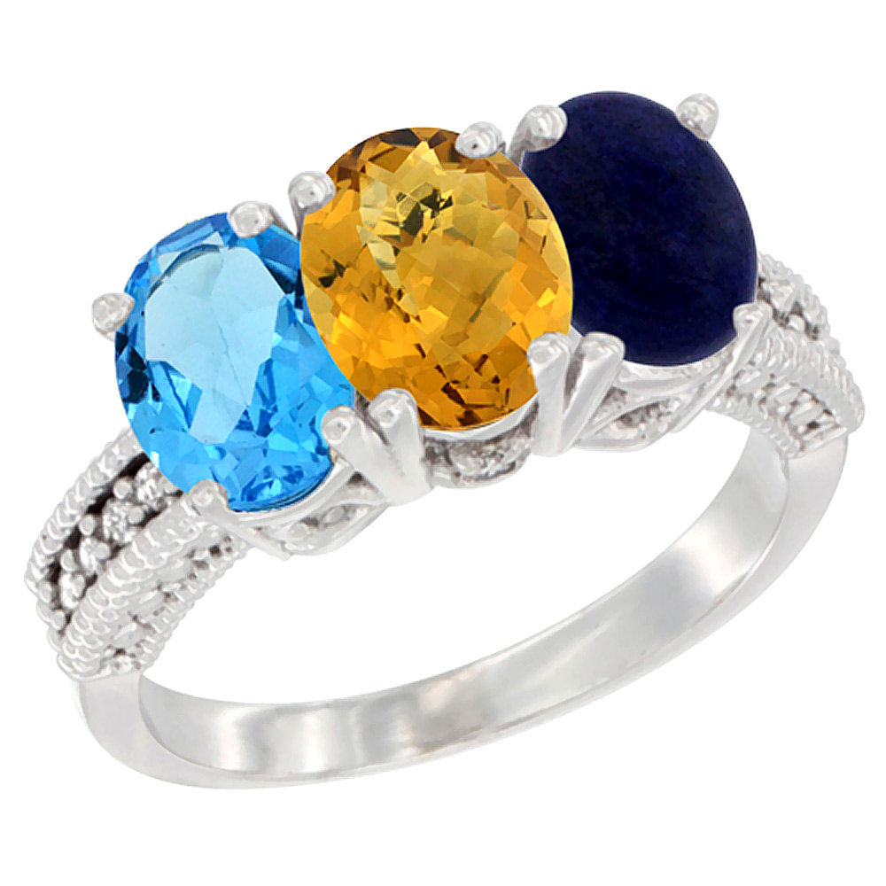 10K White Gold Natural Swiss Blue Topaz, Whisky Quartz & Lapis Ring 3-Stone Oval 7x5 mm Diamond Accent, sizes 5 - 10