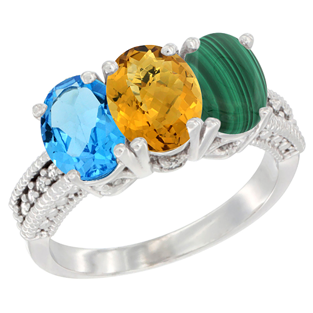 14K White Gold Natural Swiss Blue Topaz, Whisky Quartz &amp; Malachite Ring 3-Stone 7x5 mm Oval Diamond Accent, sizes 5 - 10