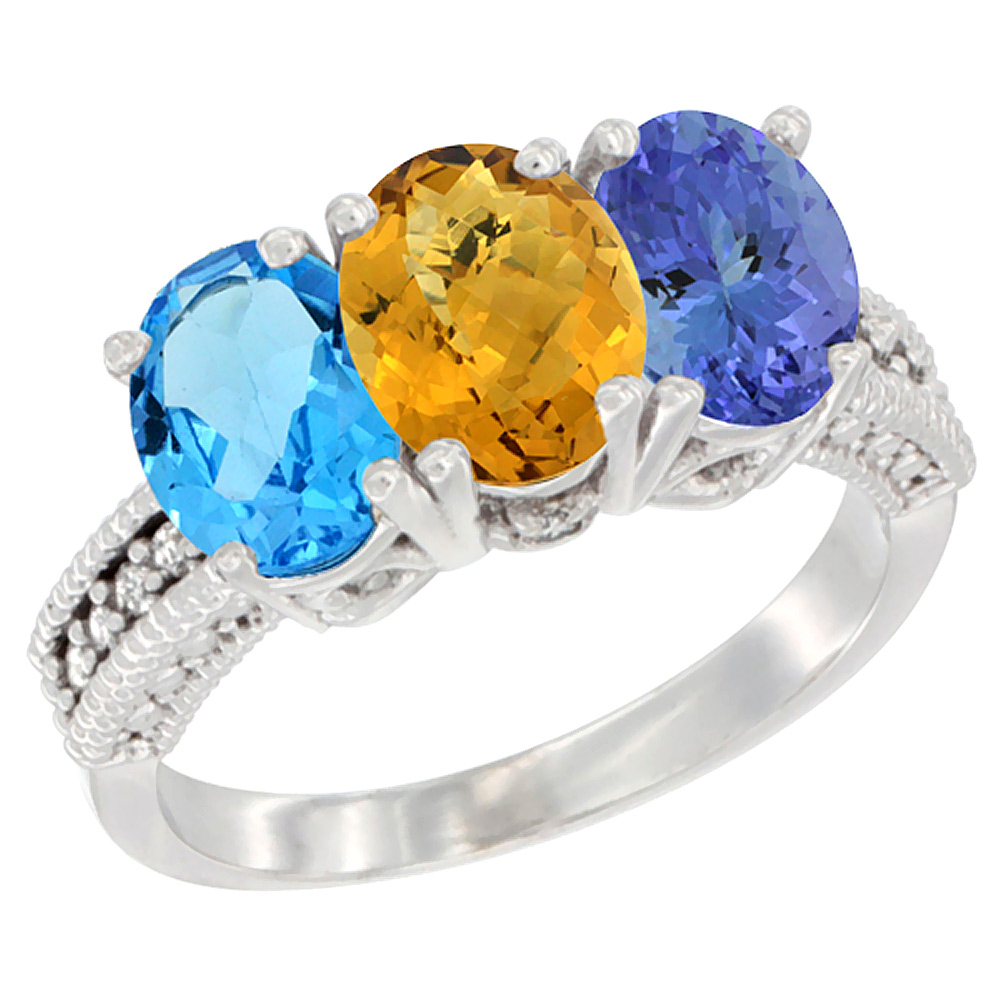 14K White Gold Natural Swiss Blue Topaz, Whisky Quartz & Tanzanite Ring 3-Stone 7x5 mm Oval Diamond Accent, sizes 5 - 10