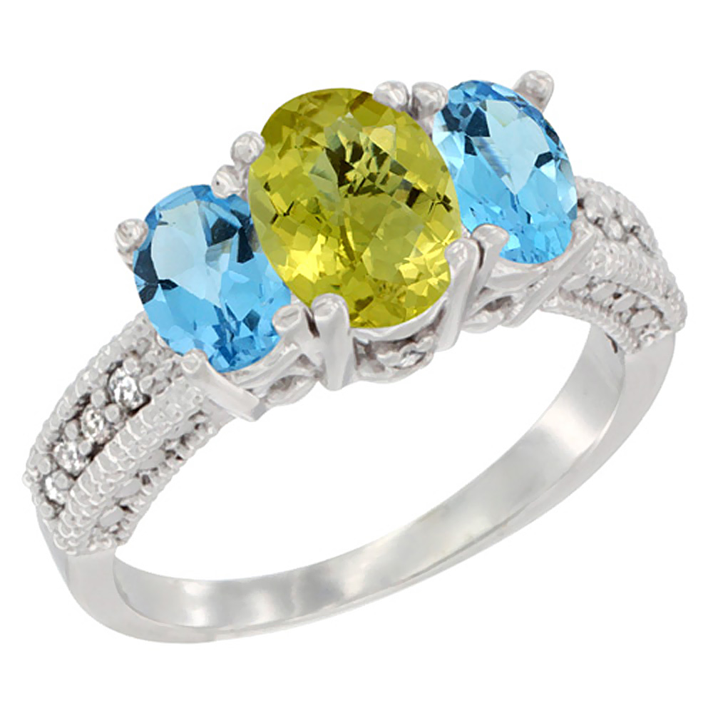 14K White Gold Diamond Natural Lemon Quartz Ring Oval 3-stone with Swiss Blue Topaz, sizes 5 - 10