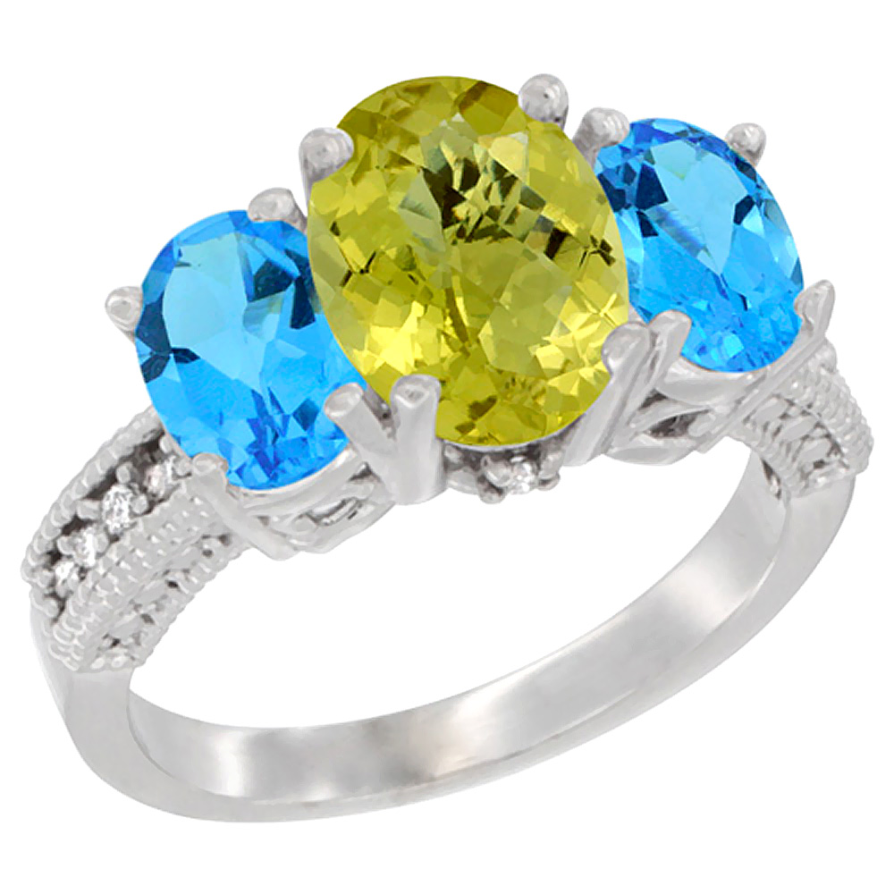 14K White Gold Diamond Natural Lemon Quartz Ring 3-Stone Oval 8x6mm with Swiss Blue Topaz, sizes5-10