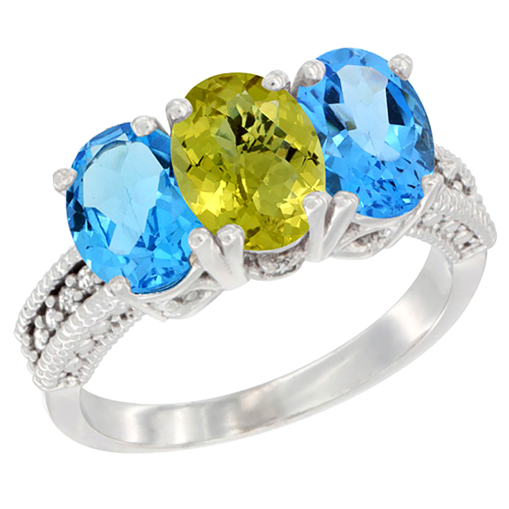 14K White Gold Natural Lemon Quartz & Swiss Blue Topaz Sides Ring 3-Stone 7x5 mm Oval Diamond Accent, sizes 5 - 10