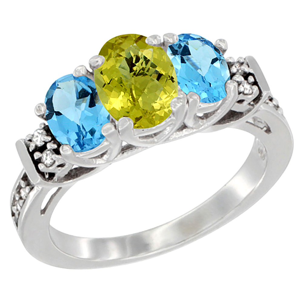 14K White Gold Natural Lemon Quartz & Swiss Blue Topaz Ring 3-Stone Oval Diamond Accent, sizes 5-10