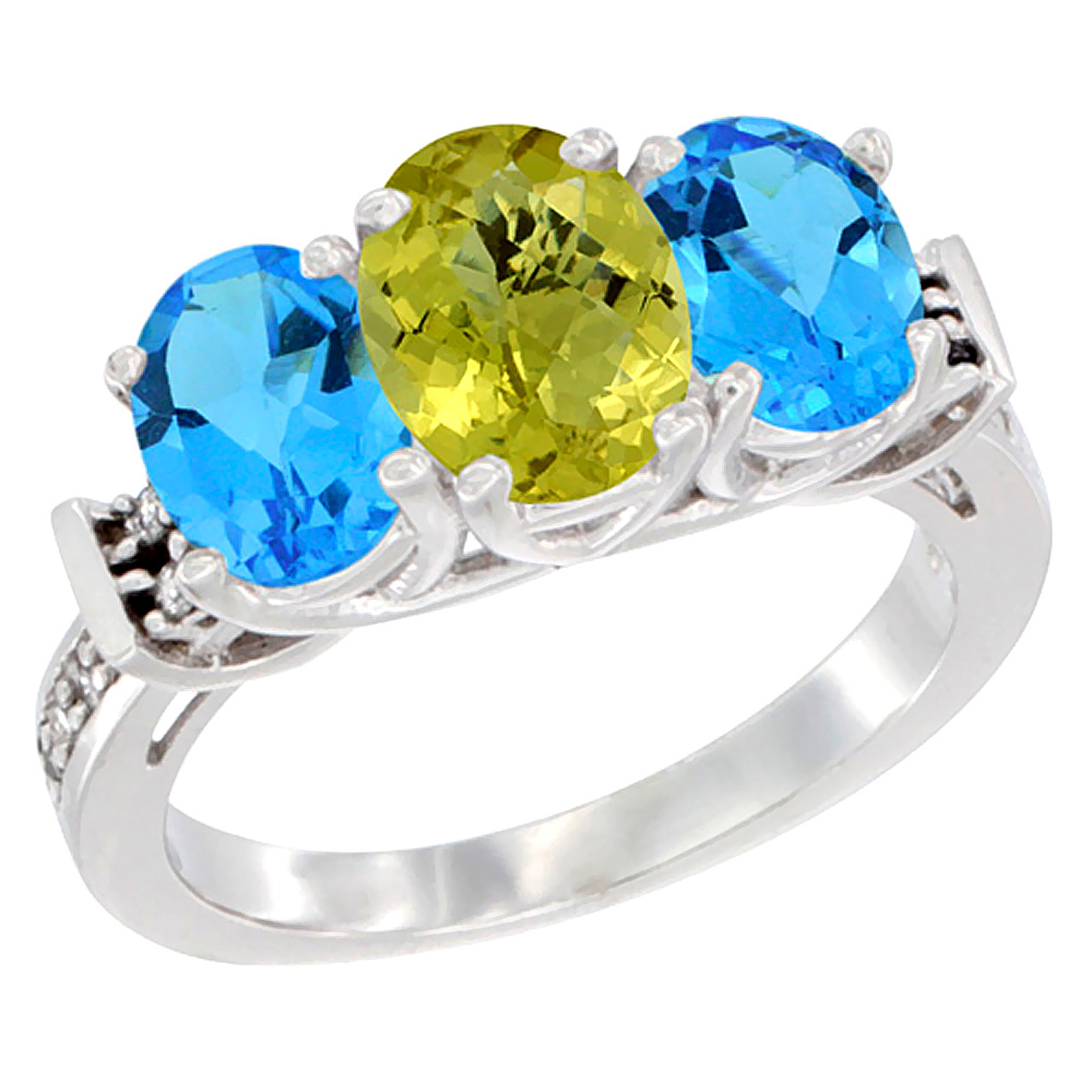 10K White Gold Natural Lemon Quartz & Swiss Blue Topaz Sides Ring 3-Stone Oval Diamond Accent, sizes 5 - 10