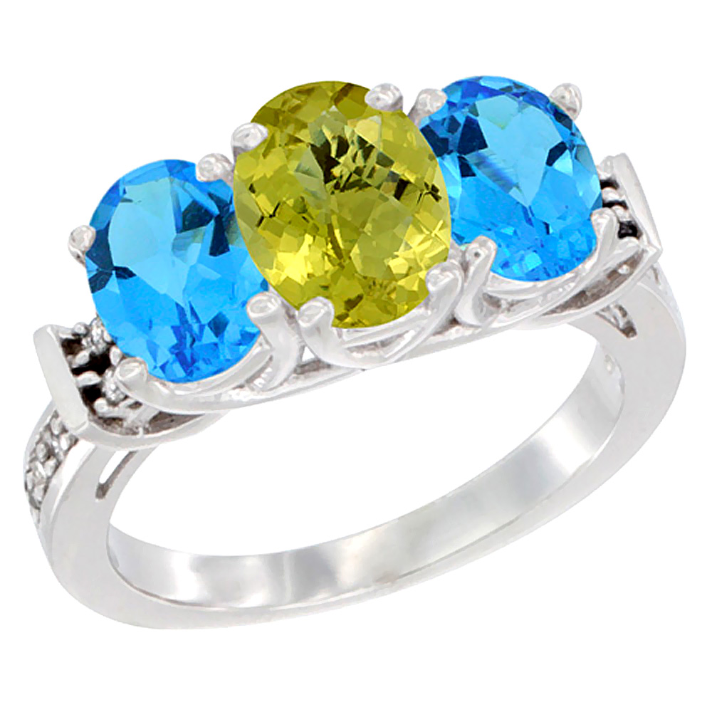 14K White Gold Natural Lemon Quartz &amp; Swiss Blue Topaz Sides Ring 3-Stone Oval Diamond Accent, sizes 5 - 10