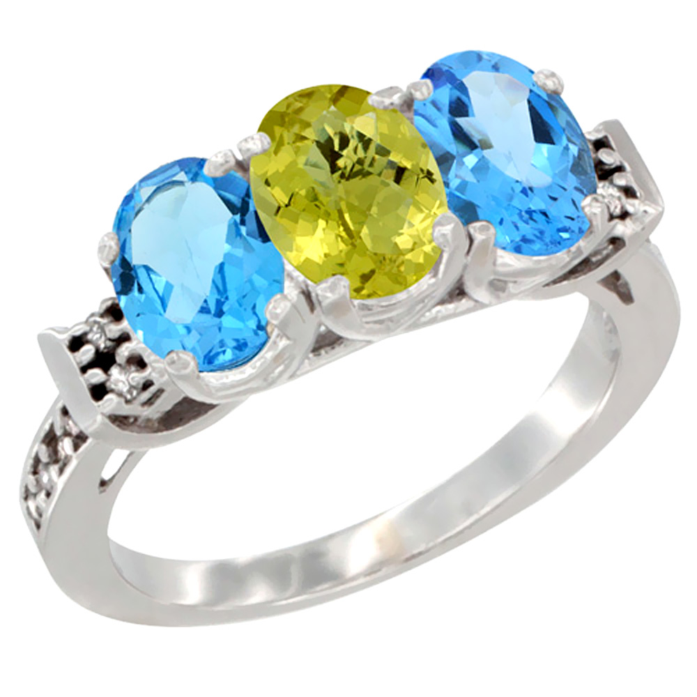 14K White Gold Natural Lemon Quartz & Swiss Blue Topaz Sides Ring 3-Stone 7x5 mm Oval Diamond Accent, sizes 5 - 10