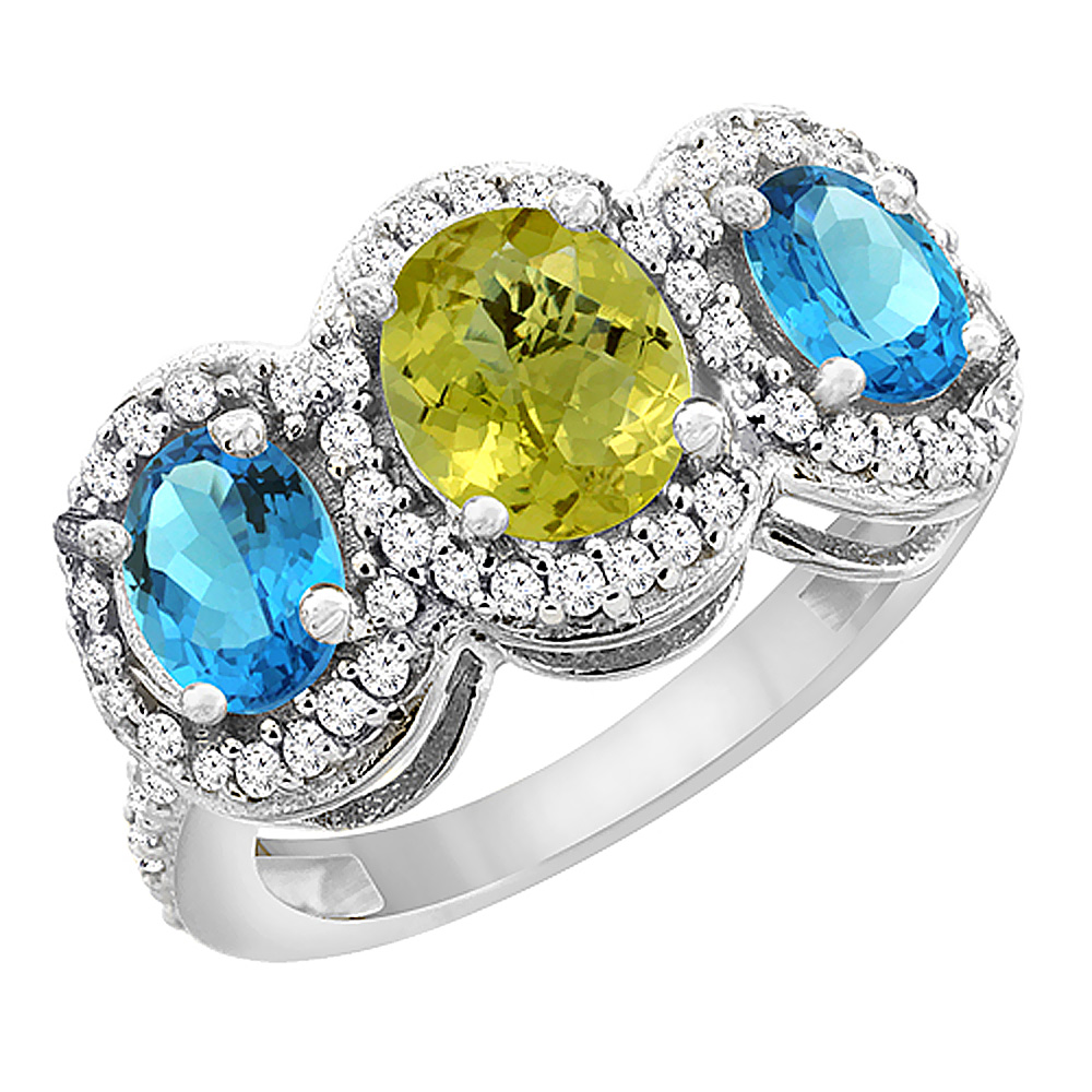 10K White Gold Natural Lemon Quartz &amp; Swiss Blue Topaz 3-Stone Ring Oval Diamond Accent, sizes 5 - 10