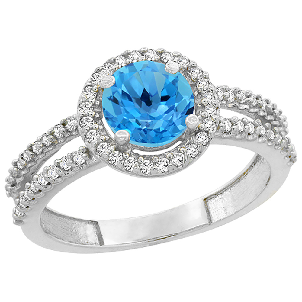 14K White Gold Natural Swiss Blue Topaz Diamond Halo Ring Round 6mm, sizes 5 - 10