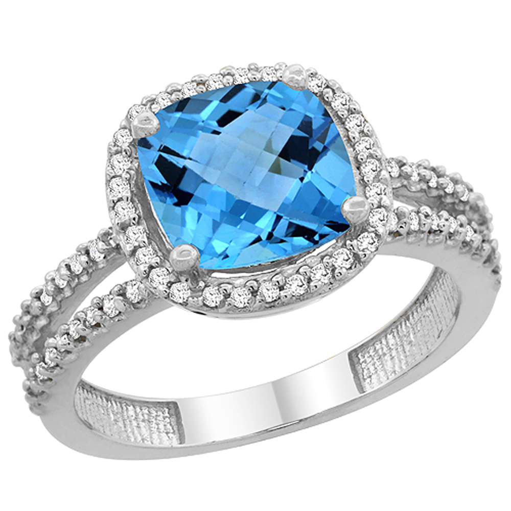 14K White Gold Natural Swiss Blue Topaz Ring Cushion-cut 8x8 mm 2-row Diamond Accents, sizes 5 - 10
