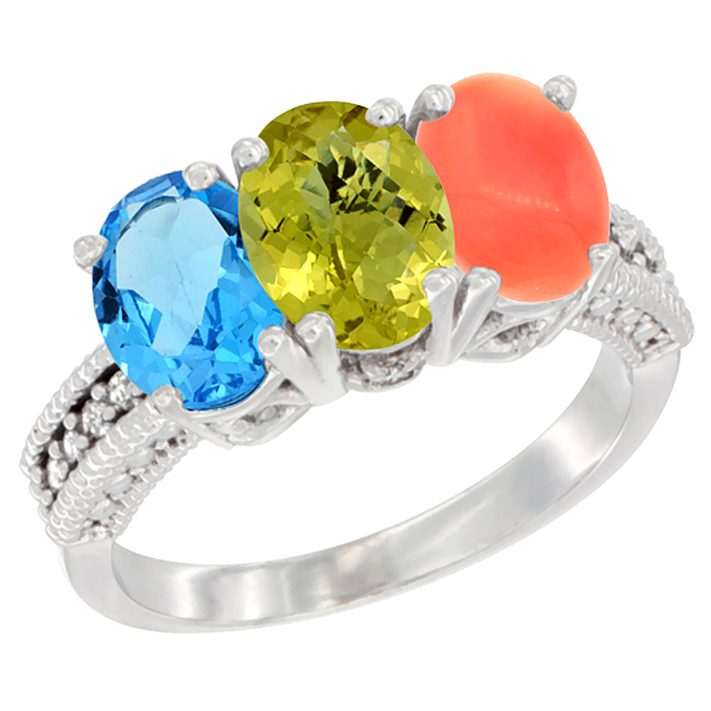 10K White Gold Natural Swiss Blue Topaz, Lemon Quartz & Coral Ring 3-Stone Oval 7x5 mm Diamond Accent, sizes 5 - 10