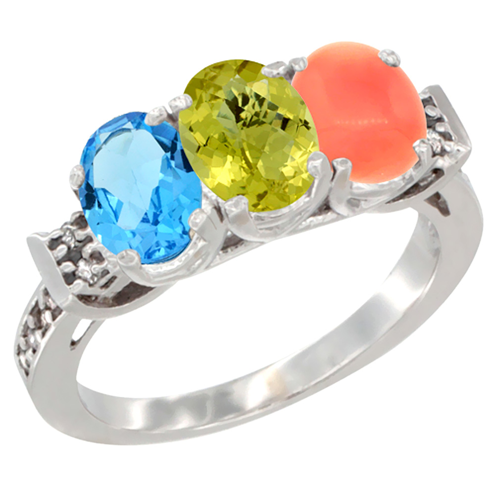 10K White Gold Natural Swiss Blue Topaz, Lemon Quartz & Coral Ring 3-Stone Oval 7x5 mm Diamond Accent, sizes 5 - 10