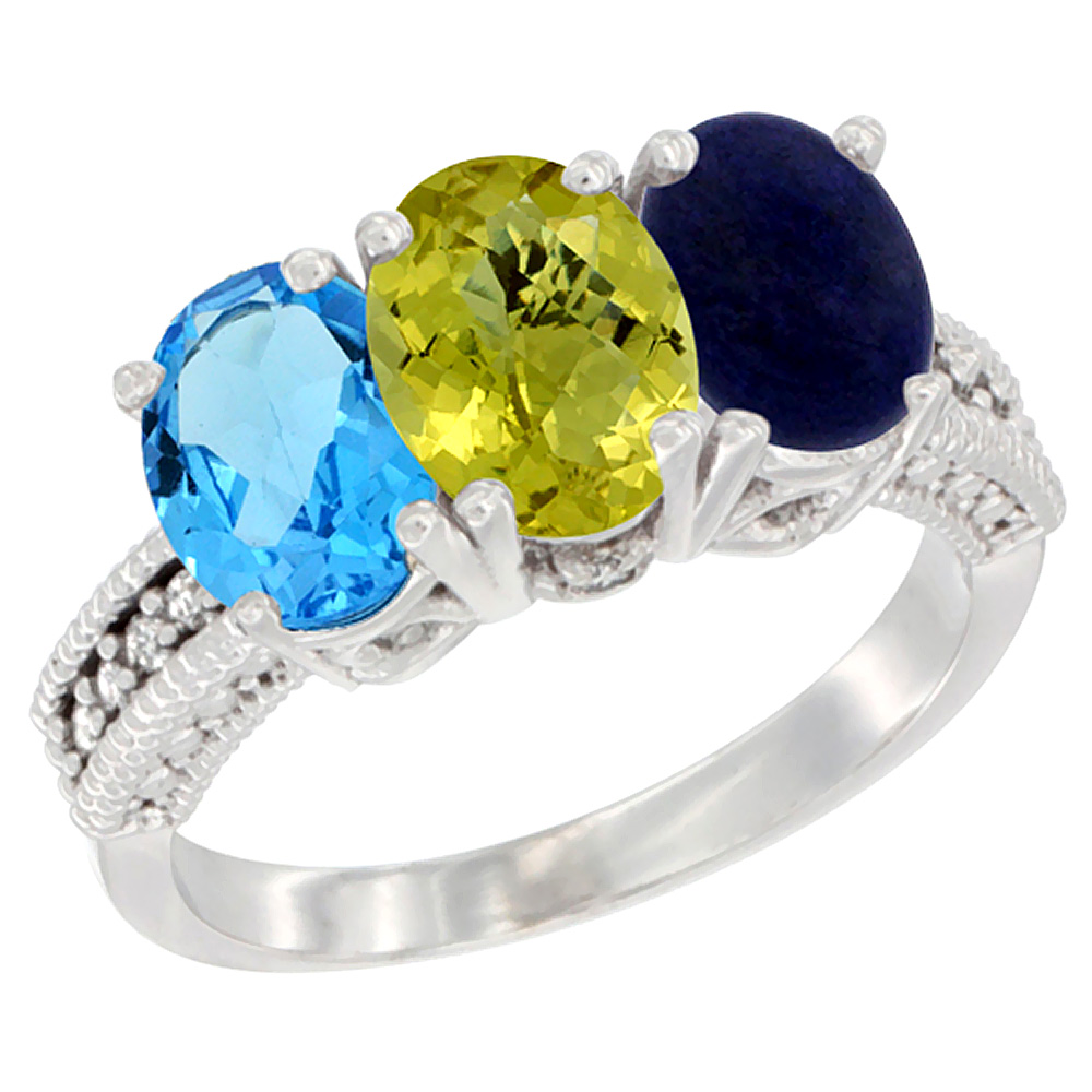 14K White Gold Natural Swiss Blue Topaz, Lemon Quartz & Lapis Ring 3-Stone 7x5 mm Oval Diamond Accent, sizes 5 - 10