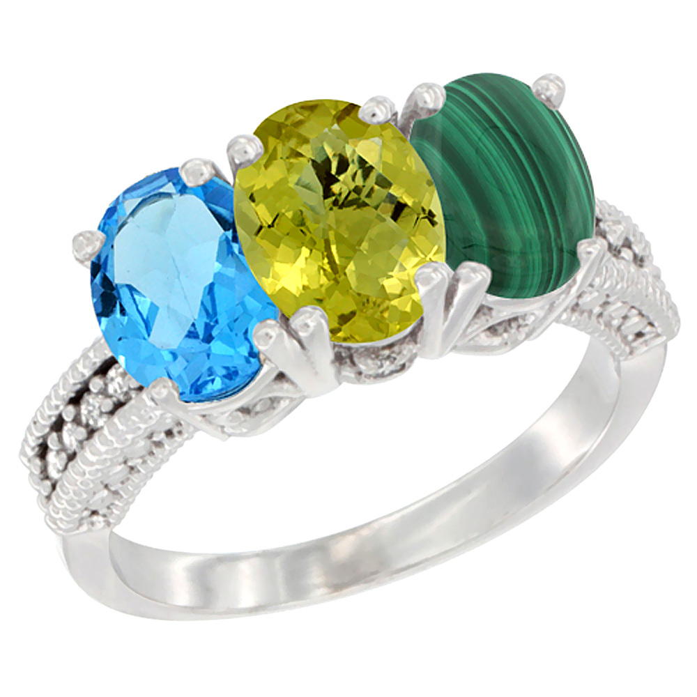 10K White Gold Natural Swiss Blue Topaz, Lemon Quartz & Malachite Ring 3-Stone Oval 7x5 mm Diamond Accent, sizes 5 - 10