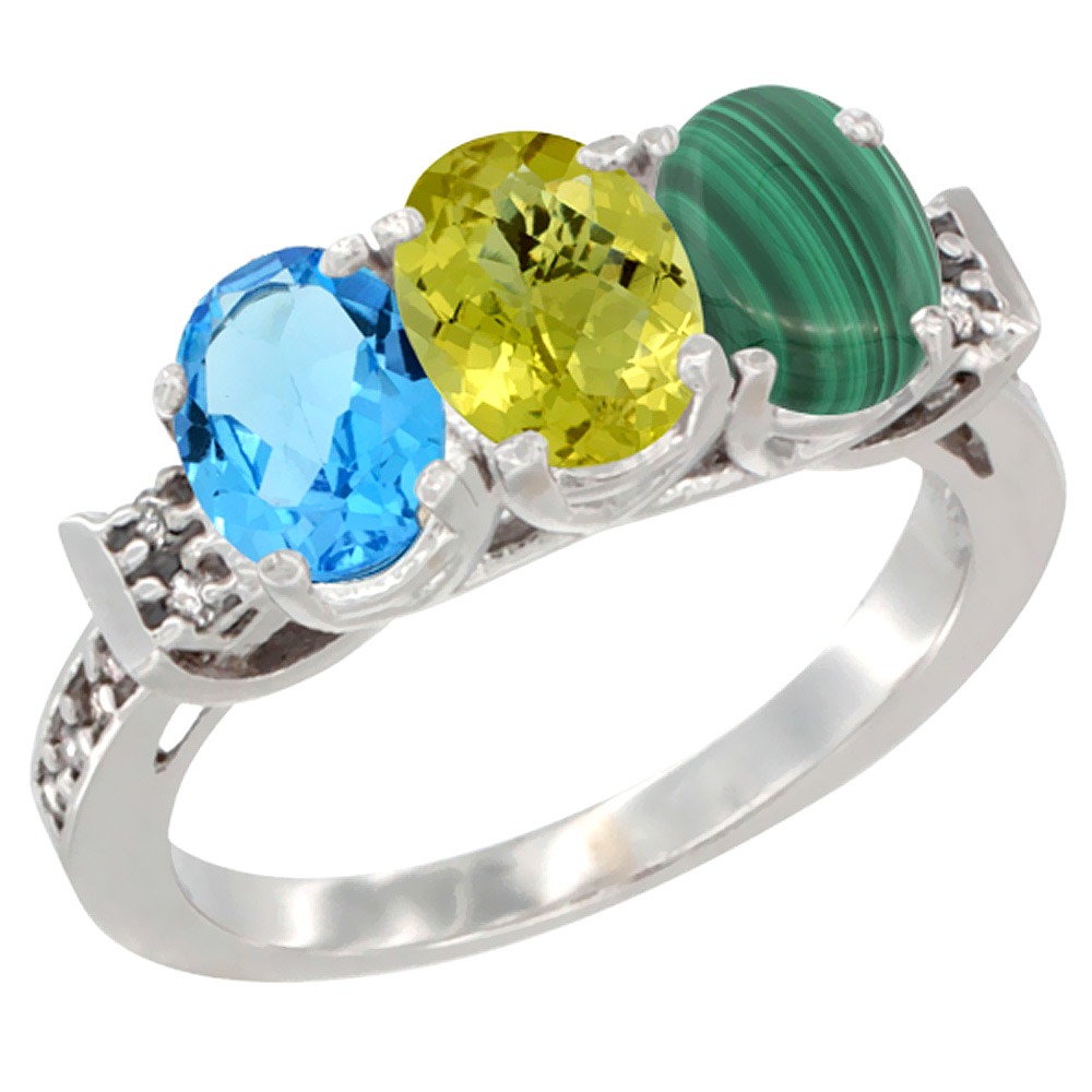 10K White Gold Natural Swiss Blue Topaz, Lemon Quartz & Malachite Ring 3-Stone Oval 7x5 mm Diamond Accent, sizes 5 - 10